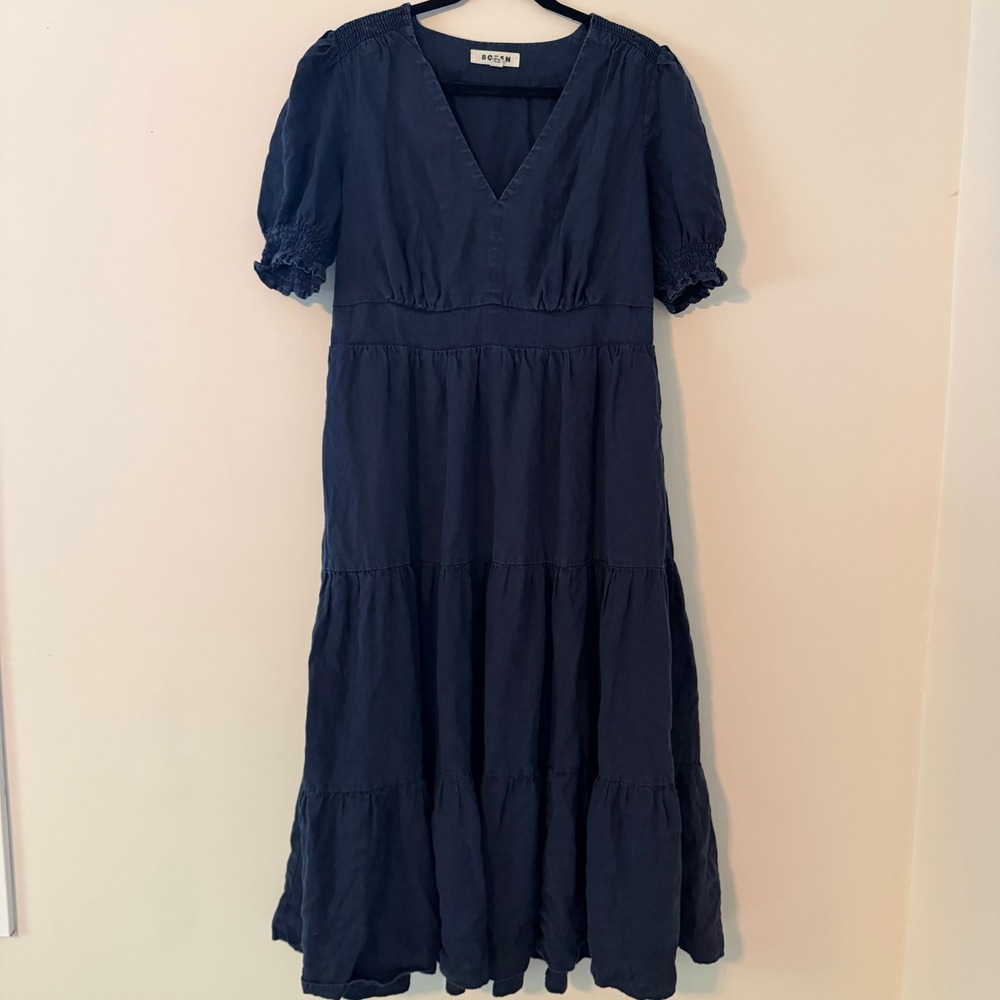 Boden Anna‎ Linen Tiered Midi Dress Navy Blue Short Puff Sleeve Size 16-18R